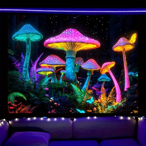 Image of Nuxovilar Neon Mushroom Cluster Wall Tapestry Polyester 78.74x59.05 In | Glow Backdrop Trippy Wall Art Fungi Poster UV Hanging Dorm Living Room Themed Space Area (Neon Mushroom Cluster)