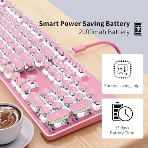 Image of TK950 Wireless Typewriter Keyboard and Mouse Combo, 104 Keys Retro Typewriter Mechanical Keyboard with White Backlit, Anti-Ghosting, Blue Switch, Bluetooth /2.4G /Wired Cute Gaming Keyboards-Pink
