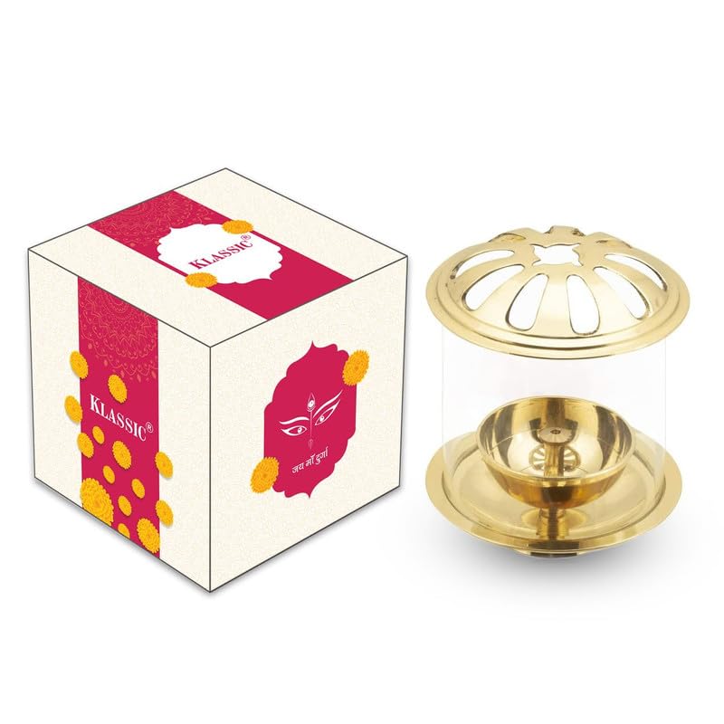 Klassic 4.5 Inch Swastik Akhand Diya with Borosilicate Glass Shade | Pure Brass Oil Lamp for Mandir, Daily Puja, Prayer Room Decor, Festive Decoration & Gifting