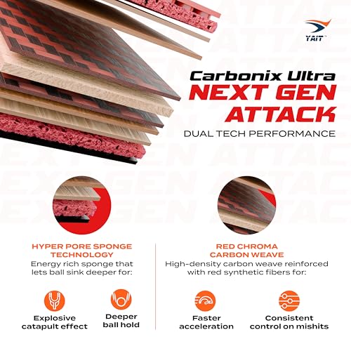 Image of Carbonix Ultra Professional Table Tennis Racquet | ITTF Approved Gambler X3D Rubber | 7 Layer Blade | Red Chroma Carbon| Hyper Pore Sponge | Ayous, Kiri & Koto Wood| Ultra Speed & Spin TT Racquet