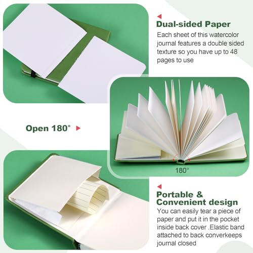 Image of Dispowreath 4 Set Watercolor Sketchbook Journal with Watercolor Brush Pens 300 GSM Cotton Paper Portable Square Small Pocket Notebook Travel for Painters Art Supplies (Green,3.9 x 3.9 Inch)