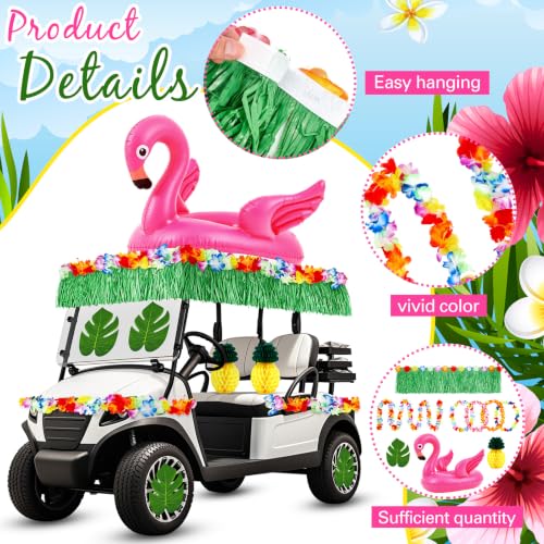 Image of WinnerWhy 29 Pcs Summer Tropical Golf Cart Parade Decorations Tropical Flower Leis Tinsel Garland Grass Fringe Banner Inflatable Flamingo Tube Paper Pineapples Leaves for Luau Party Supplies