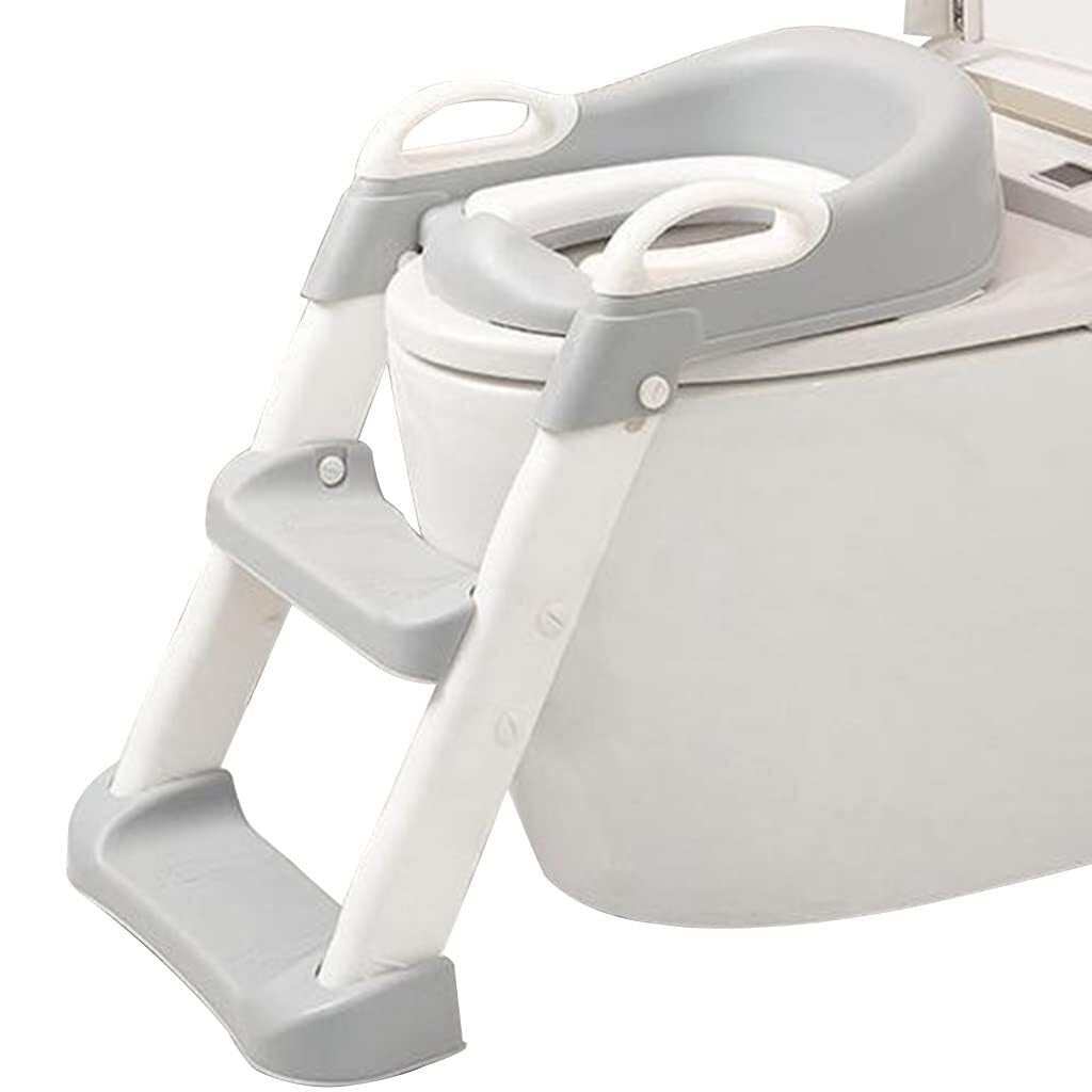 Adjustable Folding Potty Training Seat with Ladder and Rest for Boys & Girls, Cute Step Toilet Chair, 50kg Load(Gray)