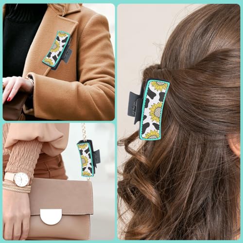 Image of PALAY Hair Claw Clip 4 Inch Black Leather Print Sunflower Design