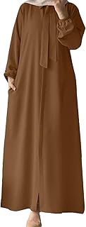 Conjunto musulmán para mujer, con pajarita y solapa, color liso, manga larga, falda larga, con inserción, cárdigan, falda larga, elegante, hiyab, marrón, L