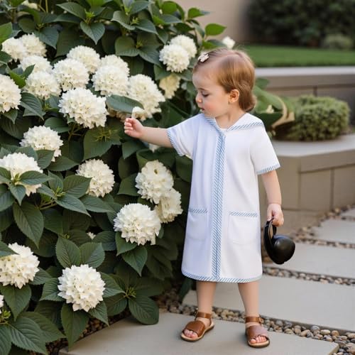 Image of Girls Boys Hooded Terry Coverups One Piece Swimsuits Summer Striped Trim Zip Up Short Sleeve Swim Cover Up Beachwear