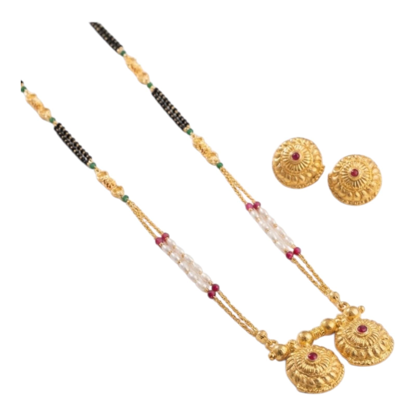 aaiku Traditional Gold Plated Double Pendant Mangalsutra | Micro Polish 36 Inch Pearl & Bead Chain Design with Matching Stud Earrings for Women-picture-46