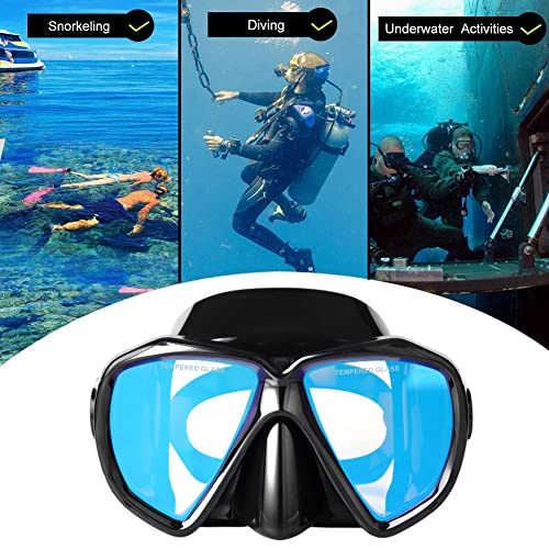 Image of Snorkel Diving Mask Panoramic HD Swim Mask, Anti-Fog Scuba Diving Goggles,Tempered Glass Dive Mask Adult Youth Swim Goggles with Nose Cover for Diving, Snorkeling, Swimming (Black Frame-Blue Lens)