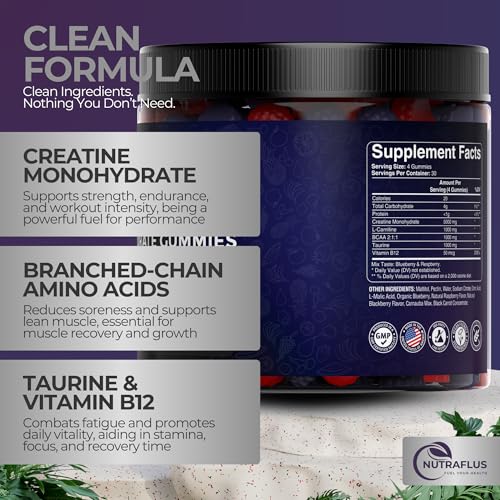 Image of Creatine Monohydrate Gummies 8000mg per Serving for Men & Women - Creatine Gummies with BCAA, Taurine, L-Carnitine & Vitamin B12 - Made in USA, Vegan, Gluten Free, Berry Flavor, 120 Count
