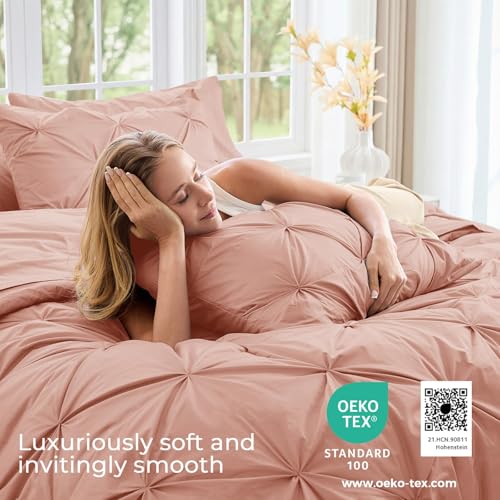 Image of Sasttie King Size Comforter Set, 7-Piece Bed in a Bag, Pintuck Bedding Set for All Season, Includes Comforter, Flat Sheet, Fitted Sheet, Pillowcases and Pillowshams, Blush