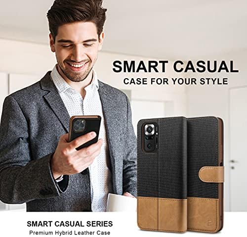 BEZ Case for Xiaomi Redmi Note 10 Pro Case Compatible with Xiaomi Redmi Note 10 Pro, Flip Wallet Phone Cover [Canvas Faux Leather] with Credit Card Holders, Kick Stand, Magnetic Strap Closure, Black