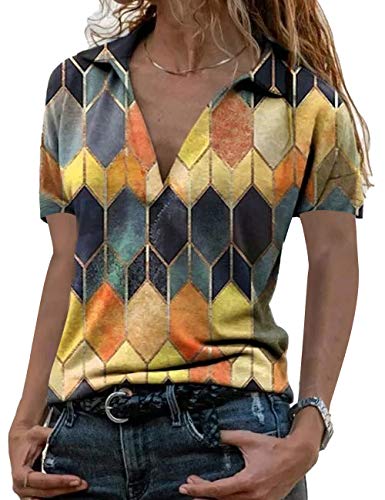 Women‘s Color Block Casual Collar Short Sleeve V Neck Tshirt Blouses Summer Tops (Orange, M)