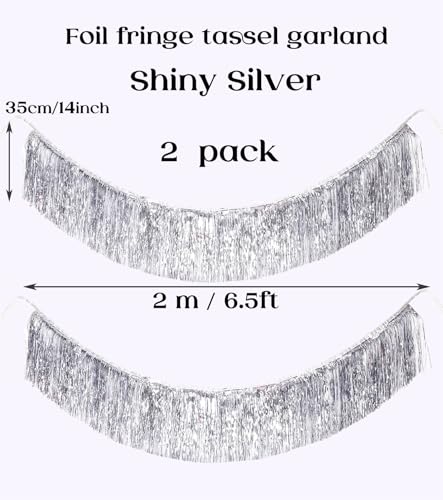 Image of Premium Silver Fringe Tinsel Garland for Party Decorations -4 Layers Thick, 2 Pack | LILF Foil Metallic Tinsel Banner Party Streamers for Wedding Birthday Christmas Decoration Home Hanging Decor