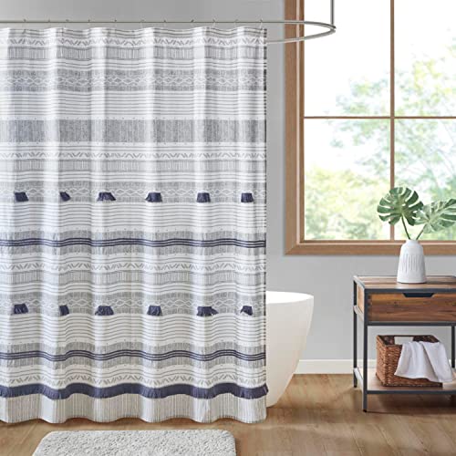 Image of Ink+Ivy Cody 100% Cotton Shower Curtain, Boho Chic Printed Striped with Tassel Pompom, Fringes Trim, Modern Bathroom Decor, Machine Washable 72 inch x 72 inch Grey /Navy