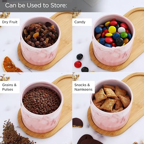 Image of UMAI Ceramic Jar with Bamboo Lid - 400ml| Air-tight Containers for Kitchen Storage | Multipurpose kitchen storage container for Snacks, Tea, Sugar | Pink