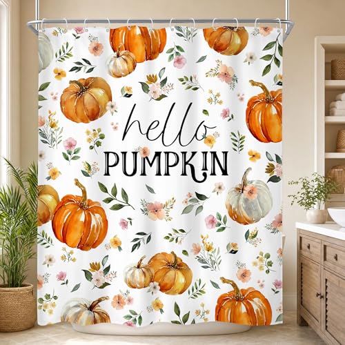 Image of Riyidecor Hello Pumpkin Floral Autumn Shower Curtain 60Wx72H Inch Cute Watercolor Flowers Fall Harvest Farmhouse Boho Plant Leaves Botanical Bathroom Decor Fabric Polyester Waterproof 12 Pack Hooks