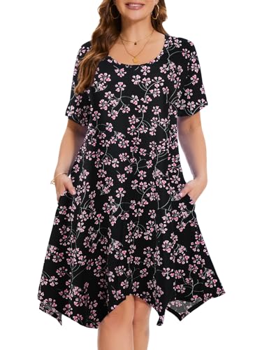 Image of ZENNILO Plus Size Tshirt Dress with Pockets Casual Summer Dresses Crew Neck Short Sleeve Swing Dress for Women