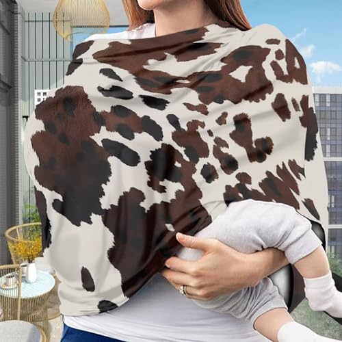 Image of Baby Girls Nursing Cover Breastfeeding Scarf Soft Brown Cow Print Car Seat Canopy Easy to Install Modern Home Decor