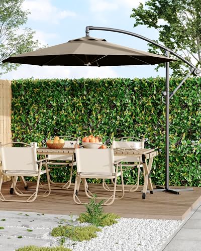10FT Outdoor Offset Umbrella with Cross Base, Fade Resistant Canopy Large Patio Umbrella with Infinite Tilt and Crank Lift for Deck Pool Garden Backyard, Tan