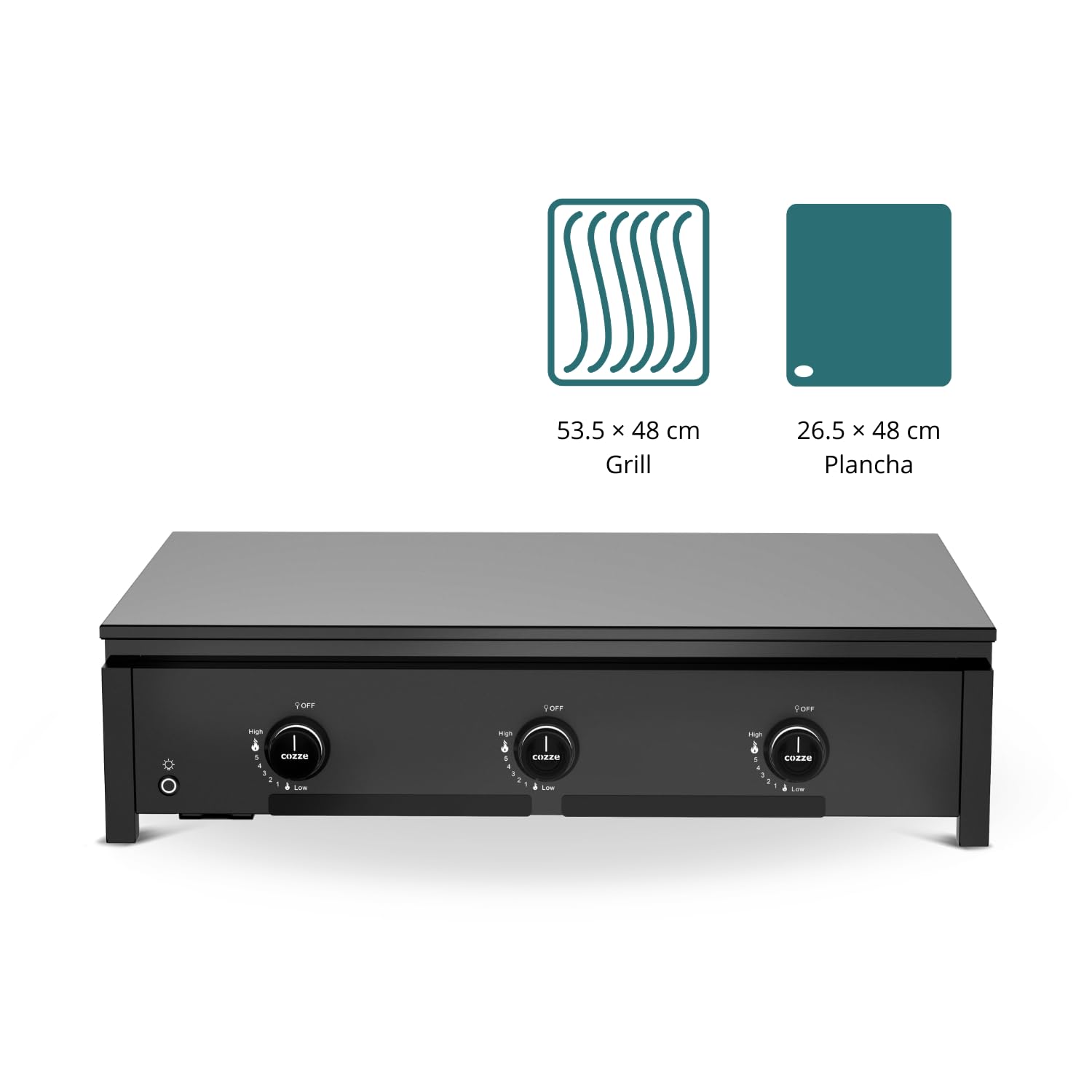 Cozze® Combo 900 – 2-en-1 Barbecue Gaz avec Plancha & Grill Viande | Station Cuisine 7,5kW avec Brûleur Infrarouge, Grande Plancha Fonte Émaillée 53cm, Allumage Rapide & Boutons Lumineux LED