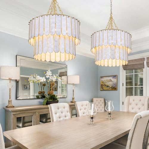 TOCHIC Shell Chandelier Light Fixture, 5-Light Capiz Chandelier Coastal Gold Bathroom Chandeliers Over Tub, Modern Seashell Round Hanging Pendant Lighting for Dining Room Living Room Bedroom Hallway - Image 7