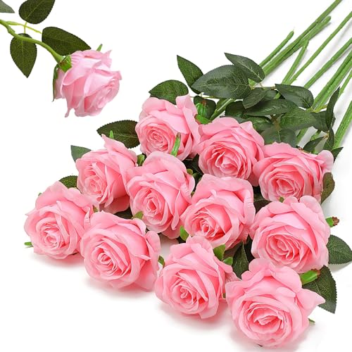 FLORRALIA Pink Fake Roses Artificial Flowers - 10 Pcs Fake Artificial Roses Silk Flowers with Stems for Home Wedding Hotel Office Centerpiece Decor