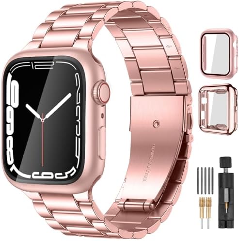 Lerobo Compatible with Apple Watch Band 44mm 42mm 40mm 38mm 41mm 45mm 46m 49mm, Solid Stainless Steel Metal Band with 2 Pack Protective Cover Case for iWtach Series 11 10 9 8 7 6 5 4 3 SE Ultra Men Women