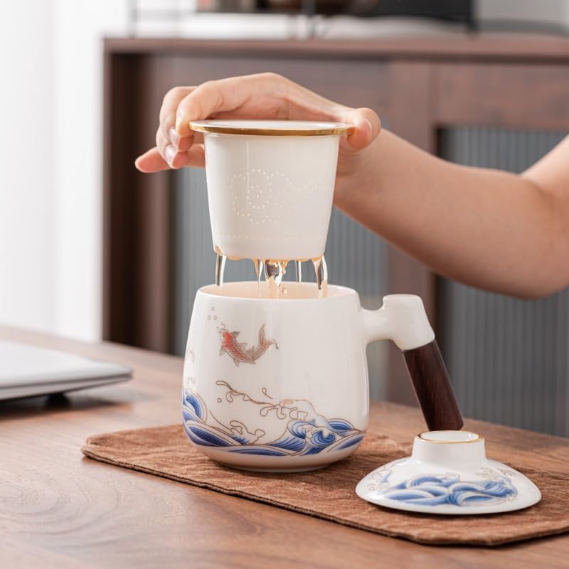 Tasse à thé Tasse en céramique avec couvercle et filtre de séparation du thé, tasse à thé en jade d'agneau for usage domestique Récipient de trempage