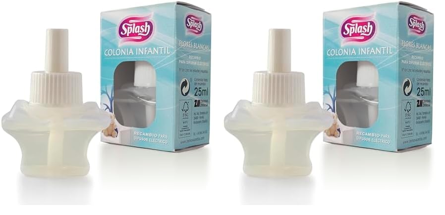 SPLASH | Ambientador Eléctrico | Duradero, Refresca y Elimina Olores | Cartón FSC | Fragancia Fresca Colonia Infantil | 25 ml (Paquete de 2)