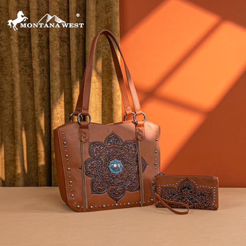 Image of Montana West Western Tooling Tote Bag with Wallet Set for Women Vintage Studded Top Handle Shoulder Handbag