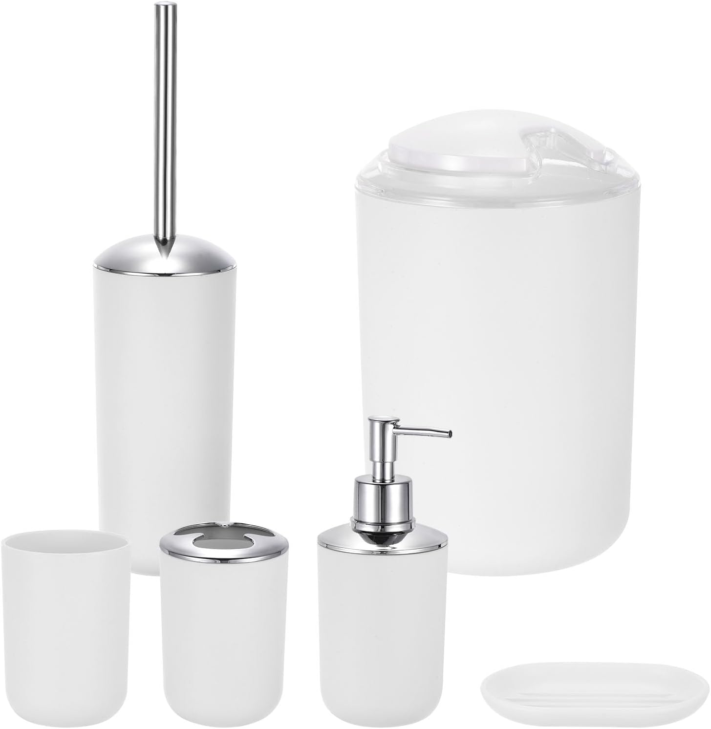 uxcell 6 Pack Bathroom Accessories Set, Includes Soap Dispenser, Toothbrush Cup, Toothbrush Holder, Toilet Brush Holder, Soap Dish, Trash Can, for Home Washing Room Beige