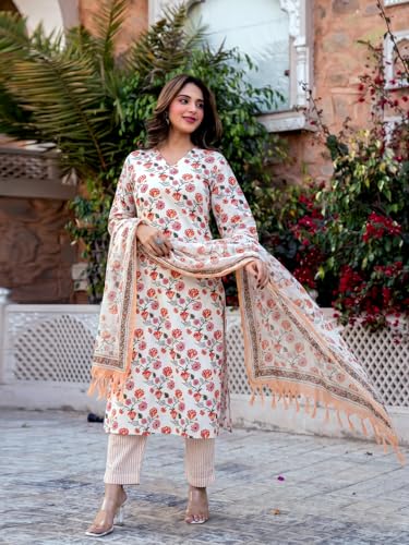 Image of GoSriKi Kurta Sets for Women Cotton Blend Printed | Kurti Set for Woman | Kurta Pant Dupatta Set | 3 Piece Set Women | Straight Kurti | V Neck Full Sleeve Suit Set Stylish Ethnic Outfit Clothing