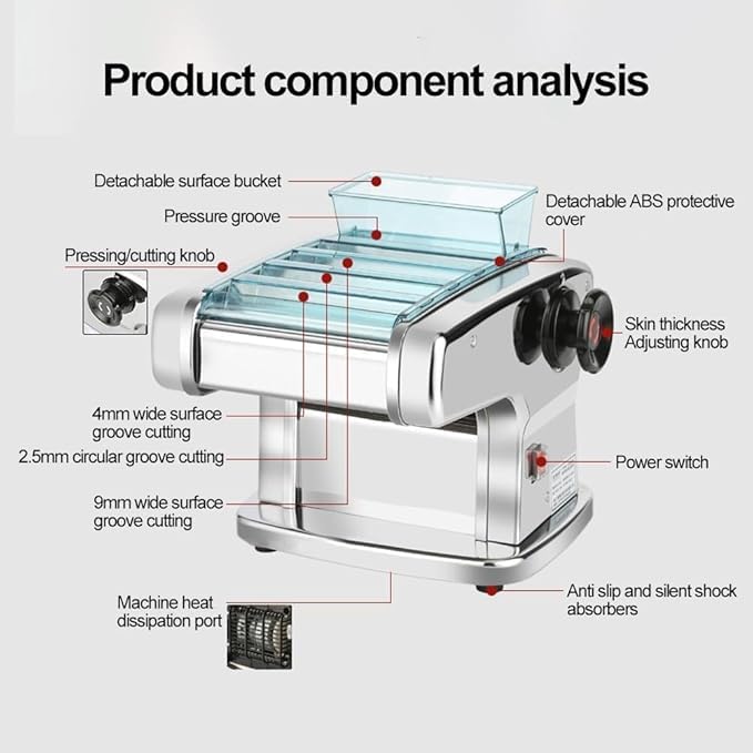 Machine à pâte électrique 135 W en acier inoxydable pour la fabrication de spaghettis et lasagnes avec 3 largeurs de lame (2,5 mm, 4 mm et 9 mm) et 9 épaisseurs de pâte variables (0,5