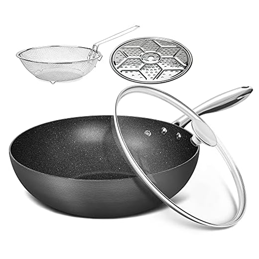 MICHELANGELO Nonstick Wok with Lid, Hard Anodized Wok Pan, Induction Wok 12 Inch, Large Wok Pan with Flat Bottom, Cooking Wok with Steamer Rack & Fry Basket, Woks and Stir Fry Pans - 3.5 Quart