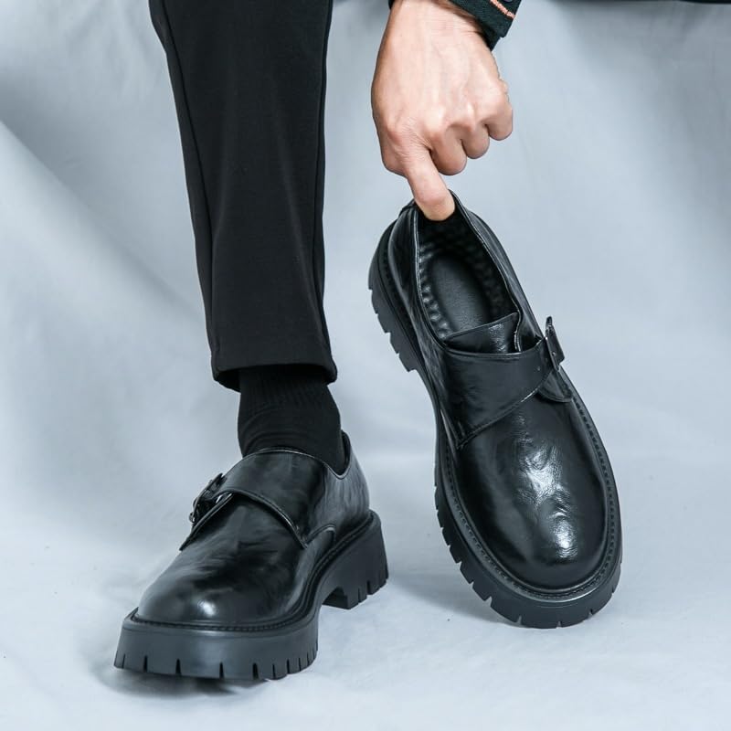 Men Platform PU Leather Formal Shoes Black All-Match Single Buckle Height Increase Shoes British Brogue Style Party Leather Wedding Shoe3