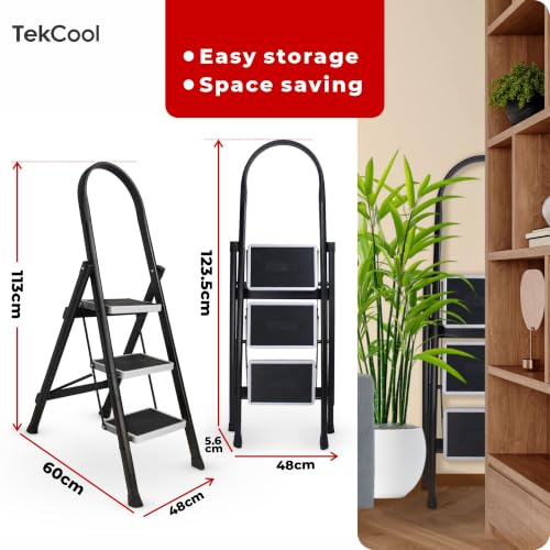 Image of TEKCOOL 3 Step Ladder for Home Use with Built-in Tool Tray | Heavy Duty D Shape Rods | 20 x 30 cm Large Platform | Wide Rubber Feet | Secure Lock | 150Kg Capacity Foldable Ladder