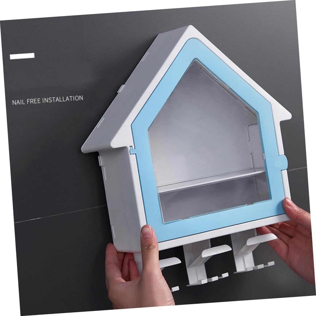 Luxshiny House Shaped Toothbrush Holder Multi Functional Bathroom Storage Rack Space Saving Design Non Perforated Drainable Cup Holder for Clean and Dry Toothbrushes Blue