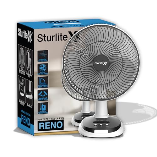Sturlite Reno 30W Portable Table Fan + Lamp| 3 Speed Modes| 2 Lighting Modes| Auto-Off Timer| Silent Operation With Upto 10Hr Long Battery Backup| 3600 mAh Li-ion Battery - Pack of 1,Black And White