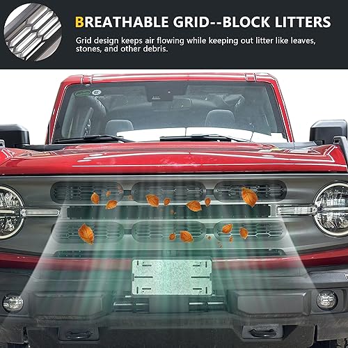 Image of Front Grill Inserts Cover Trims Mesh Grille Frame Kit Compatible with 2021 2022 2023 2024 2025 New Ford Bronco 2 /4 Door Exterior Decoration Accessories Protection Decor Decal, 6Pcs Black
