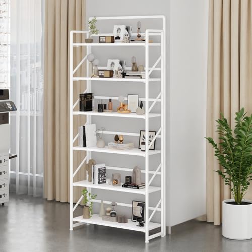 Image of JSB 6 Tier No Assembly Folding Bookshelf, 30.3 inch Wide Foldable Storage Bookcase for Home Office, Space-Saving Storage Shelf for Living Room (All White)