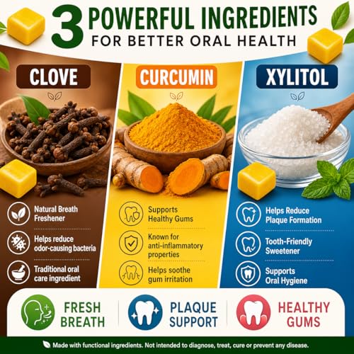 Image of Oral Health Chewing Gum with Clove Oil & Curcumin Extract | Zero Added Sugar | Fresh Breath, Plaque Support & Healthy Gums | Xylitol Mint Gum for Adults | 30 Chews