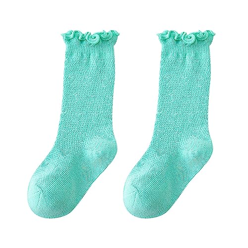 Girls Spring And Summer Mid Thigh Socks Solid Color Mesh Breathable Combed Cotton Ruffle Cute (Mint Green, 6-8 Years)