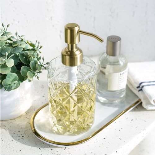 Image of JASAI Diamond Design Glass Soap Dispenser with Golden Pump, Refillable Hand soap Dispenser for Kitchen, Soap Dispenser Bathroom for Soap, Hand soap, Dish Soap, Lotion.