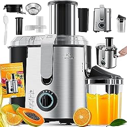 Exprimidor De Frutas Y Verduras Carrefour KESSER® Exprimidor de frutas y verduras de acero inoxidable, 1100W, gran abertura de alimentación de 85 mm incl. cepillo de limpieza, 3 ajustes de velocidad, exprimidor de zumos
