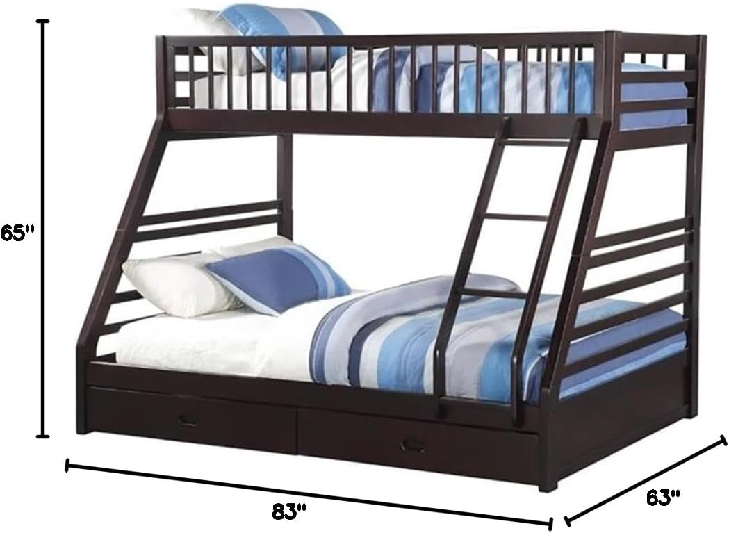 Pemberly Row Twin Over Queen Size Bunk Bed with Wooden Slats in Wood, with Storage in Espresso, No Box Spring Needed, Easy Assembly, Up to Weight Capacity