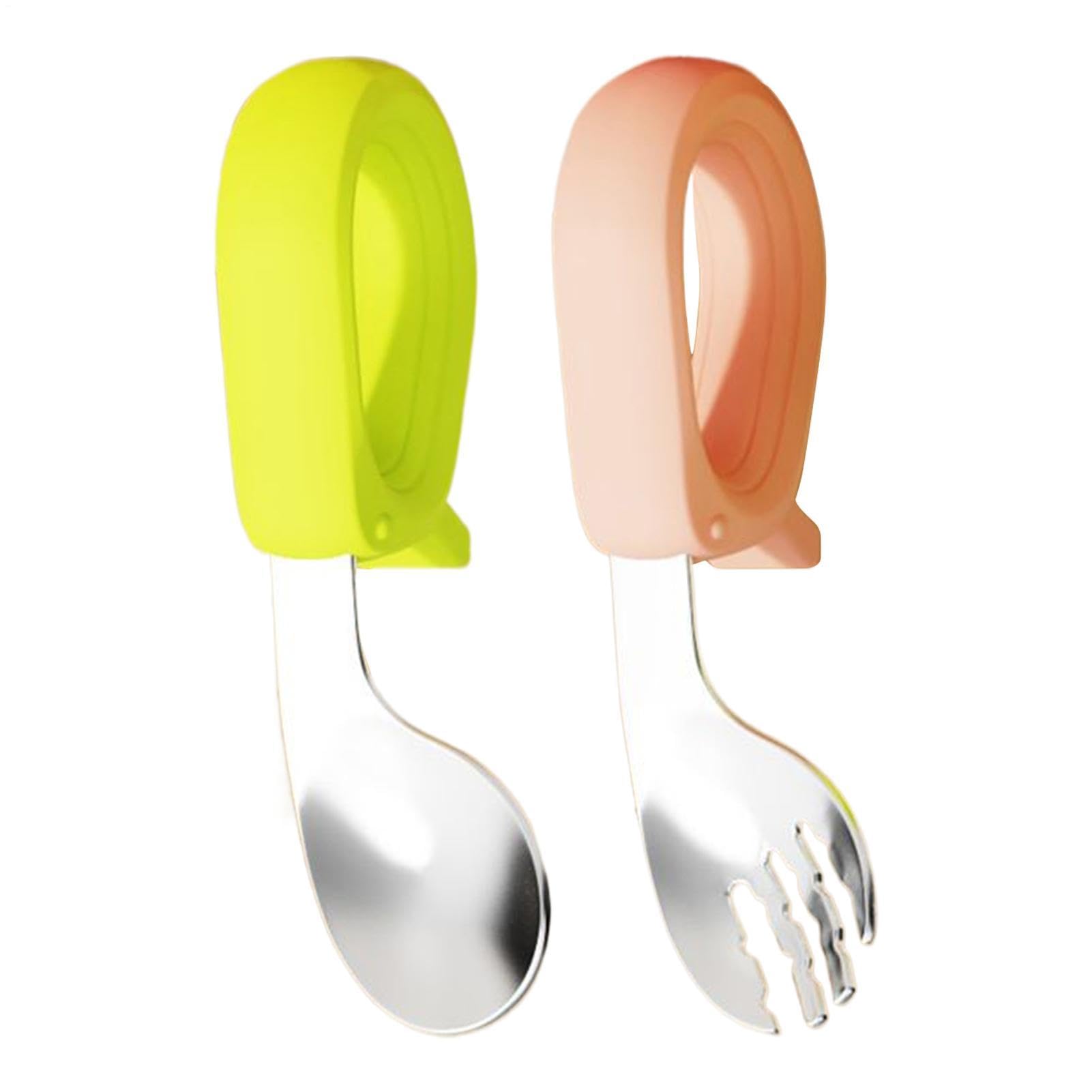 Forks and Spoons, Stainless Steel Anti-Slip Fork Spoon, Self-Feeding Cutlery with Round Handle, for Lunch, Dinner, School, Travel, Home, Daycare, Boys, Girls, 1+ Years, Road Trip