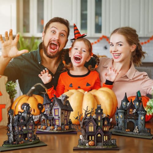 Image of Yuntau 6 Pcs Halloween Wooden Table Decorations Haunted House Table Centerpiece Decor Spooky Ghost Pumpkin Castle Tabletop Signs with Stands, Rustic Tiered Tray Mantel Decor for Halloween Party