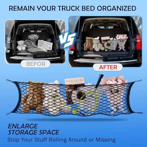 Image of Envelope Style Caro Net for 2015-2020 GMCYukon /Chevy Tahoe /Suburban Accessories, Rear Trunk SUV Mesh Cargo Net, Upgraded 5mm Bungee&Double-Layer Nylon Storage Netting Grocery&Tools Holder Organizer