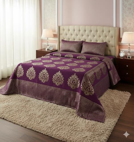 Image of Fresh from Loom Bed Cover, Dimas Print Printed Bedsheet Set with 2 Pillow Covers, Chenille 500 TC Fabric, Soft Comfortable Bed Cover for Bedroom Decor, Br 90x100 Inches | Jhumka Purple | Chenille