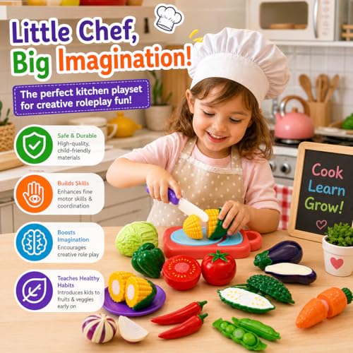Image of PLUSPOINT Vegetable Cutting Toy Set for Kids, Pretend Play Kitchen Toys with Slicing Veggies, Toddler Learning Toys, Educational Play Food Set with Knife & Cutting Board, Gift for Boys Girls
